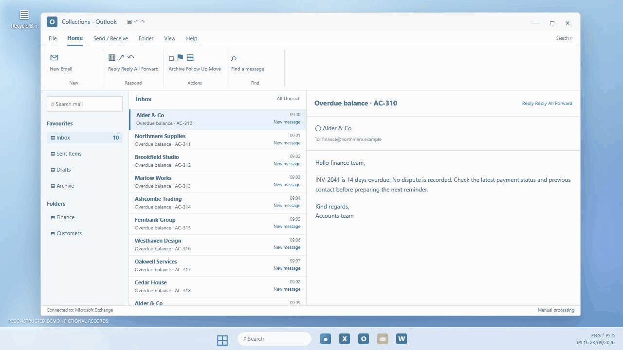 Credit control & debtor follow-up: a reconstructed Windows desktop showing routine work processed and an exception held for review