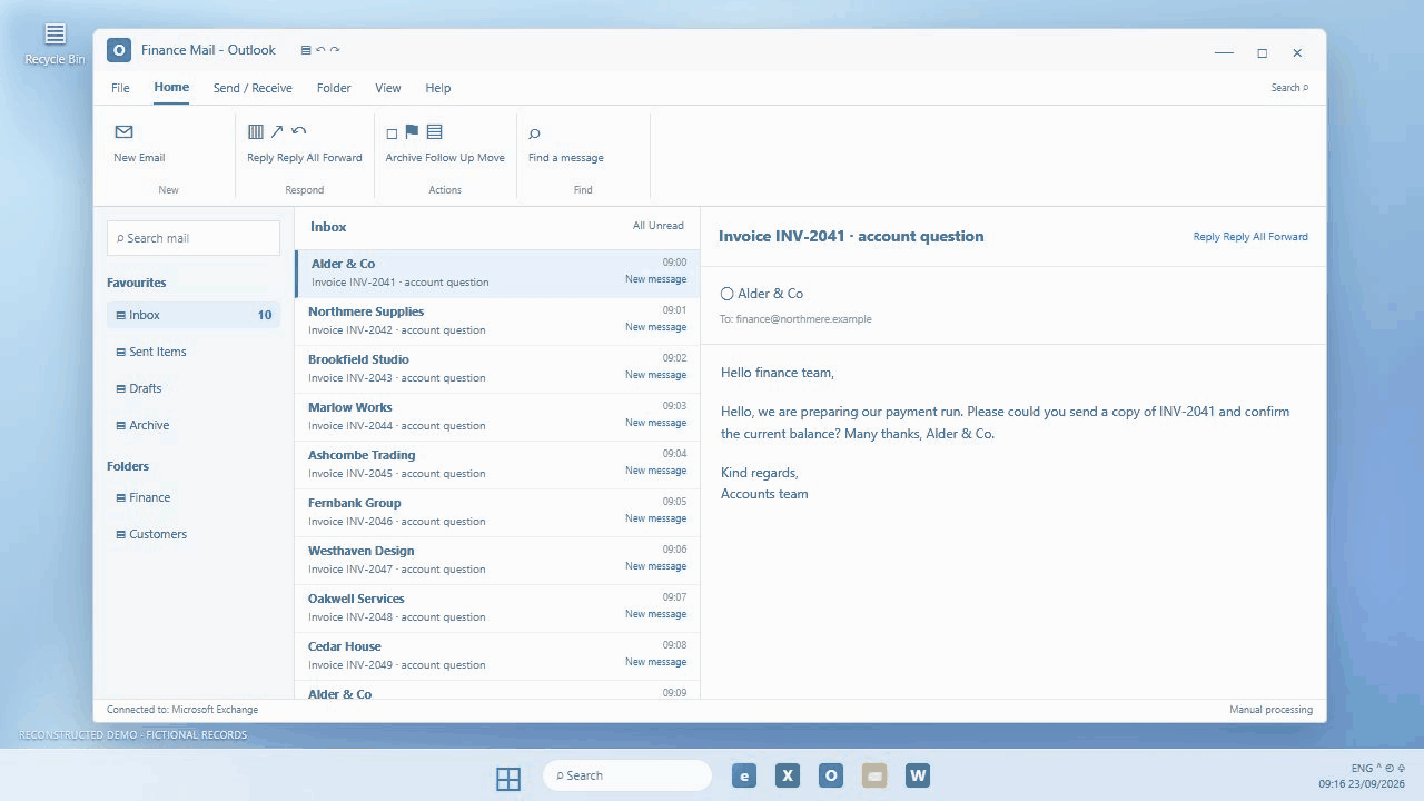 Finance inbox & account queries: a reconstructed Windows desktop showing routine work processed and an exception held for review