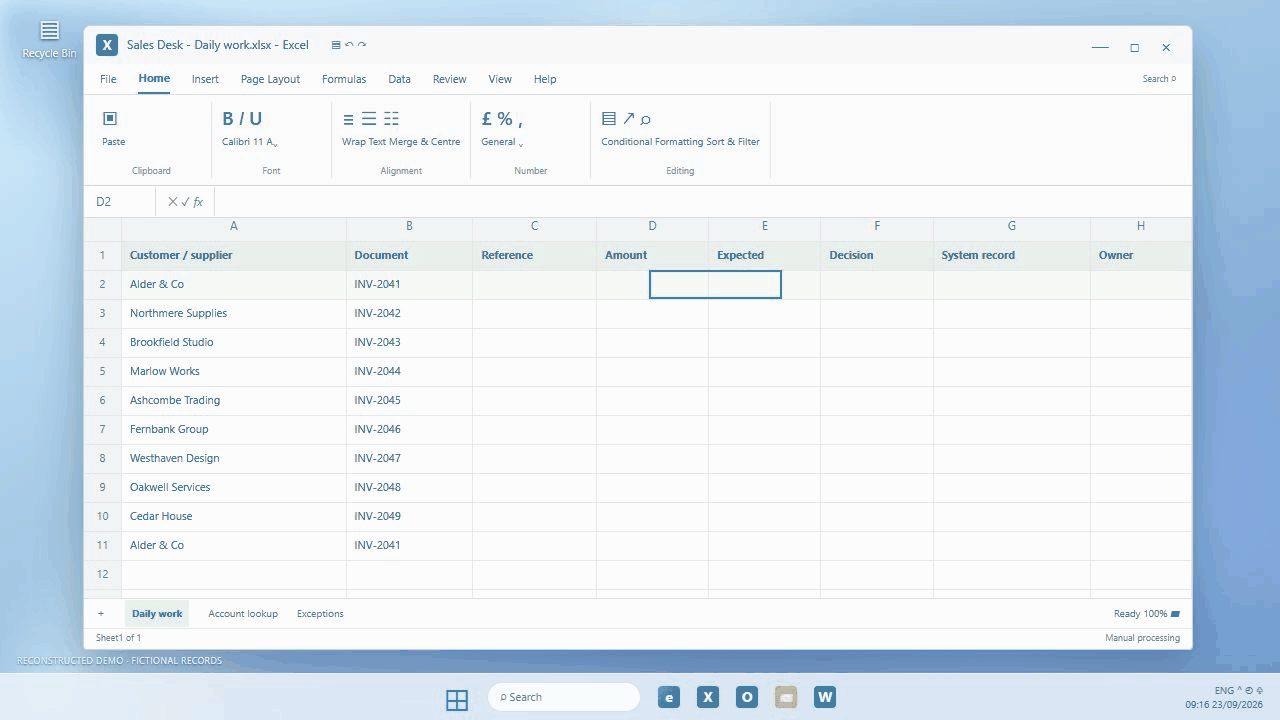 Quotes, orders & CRM administration: a reconstructed Windows desktop showing routine work processed and an exception held for review