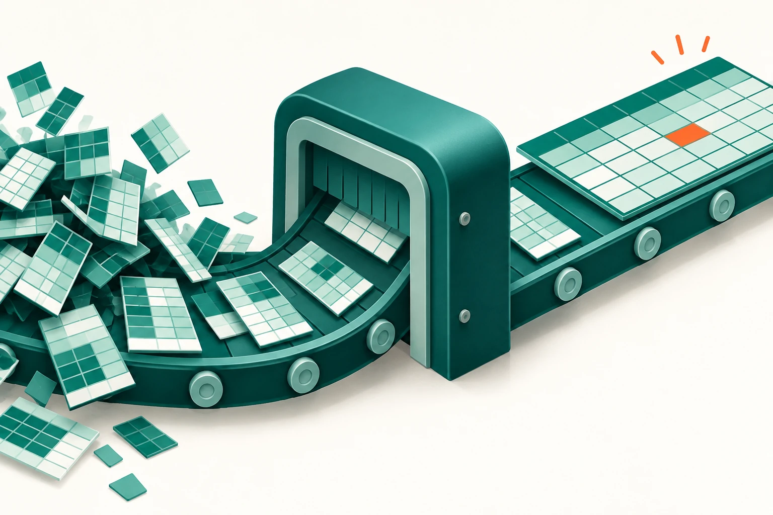 Illustration of scattered spreadsheet cells becoming a neatly aligned grid on a conveyor