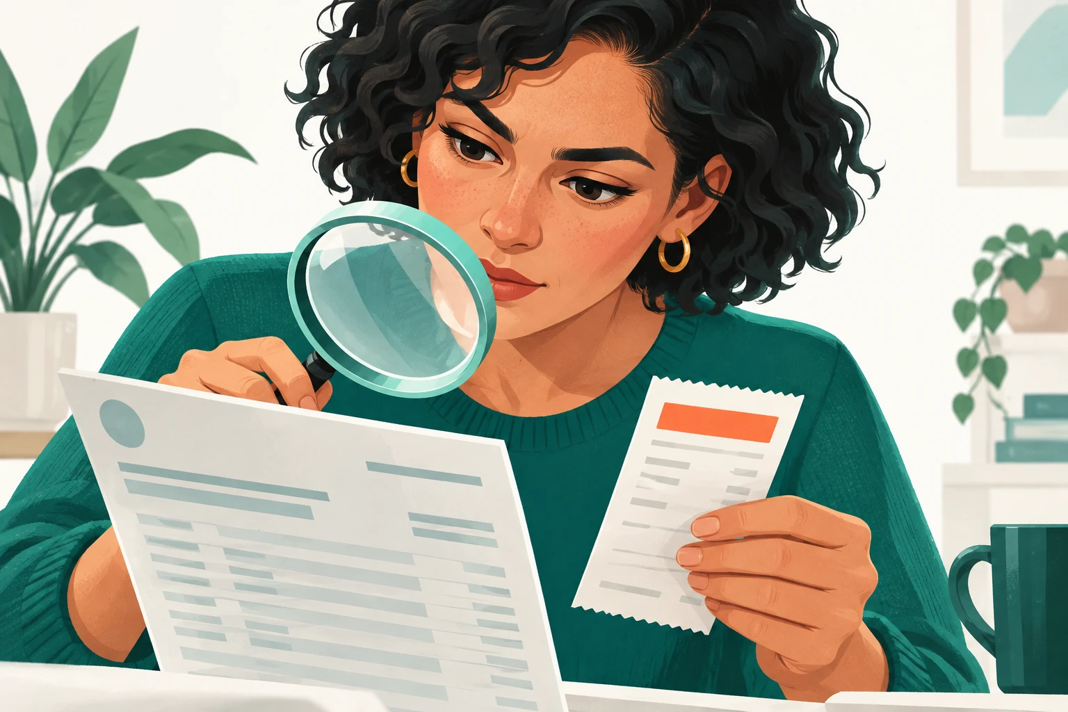 Illustration of a finance reviewer comparing an account statement with a payment receipt