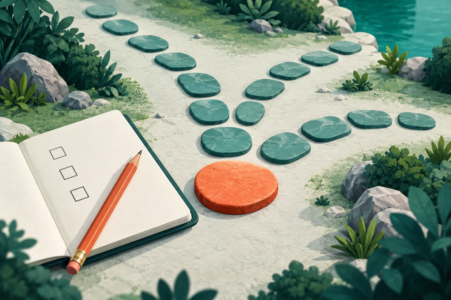 Illustration of a first stepping stone selected among several paths beside a checklist