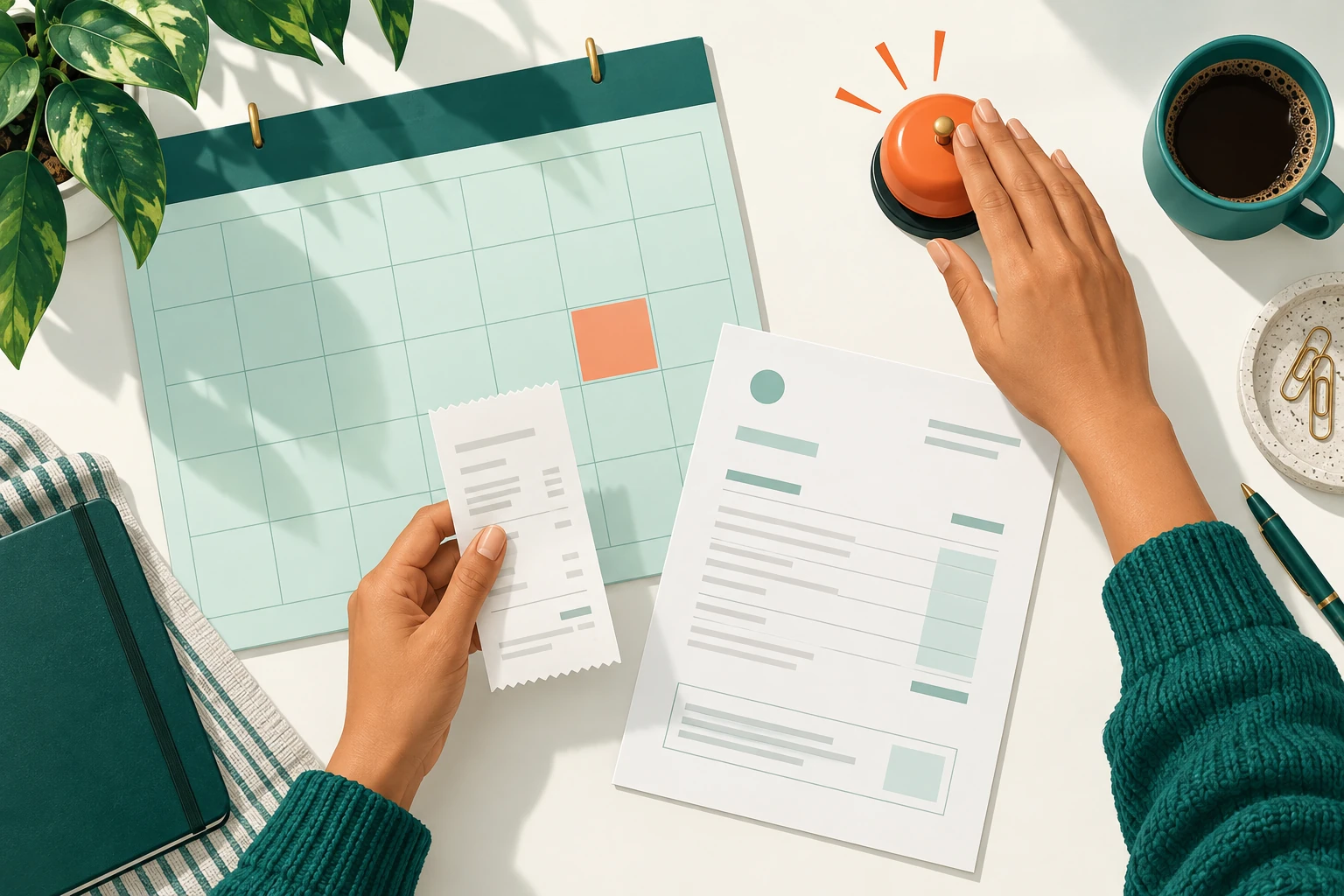 Overhead illustration of an invoice and payment receipt being checked before a calendar reminder