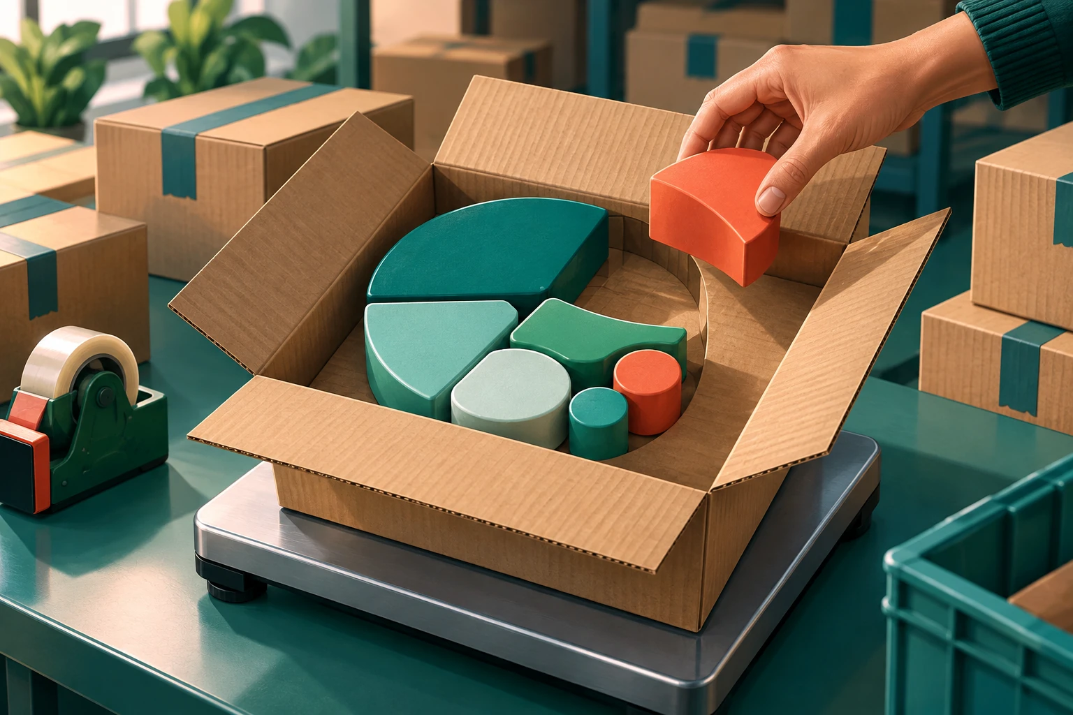 Illustration of an open parcel on a scale with separate cost components and a missing-cost gap