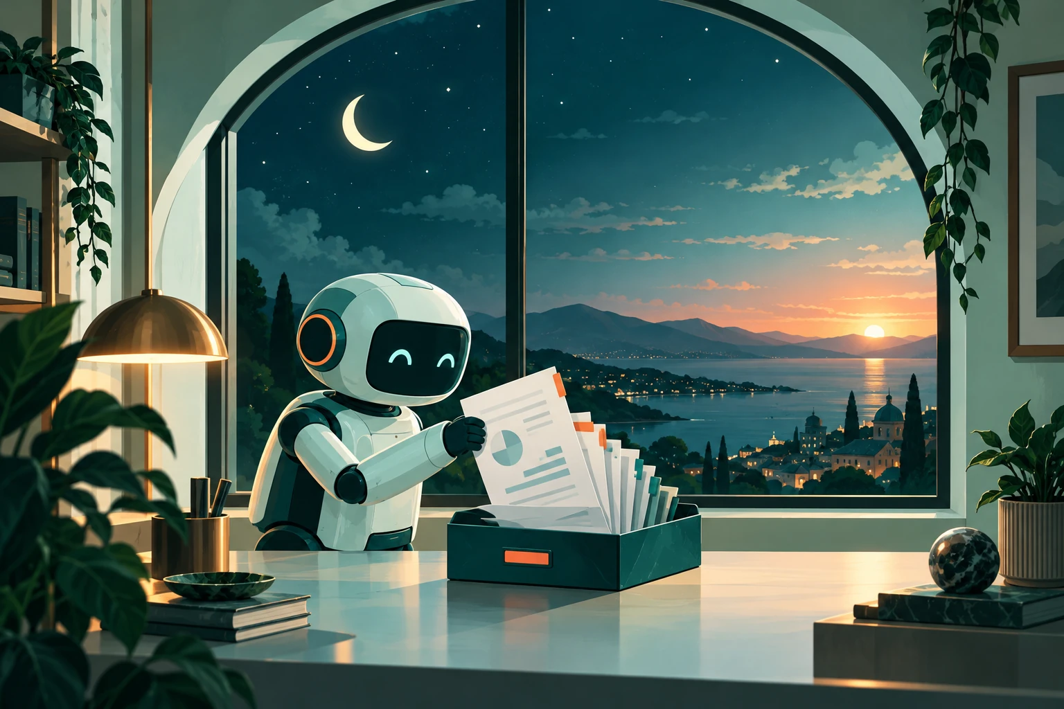Illustration of overnight report preparation beside a moonlit window and a morning horizon