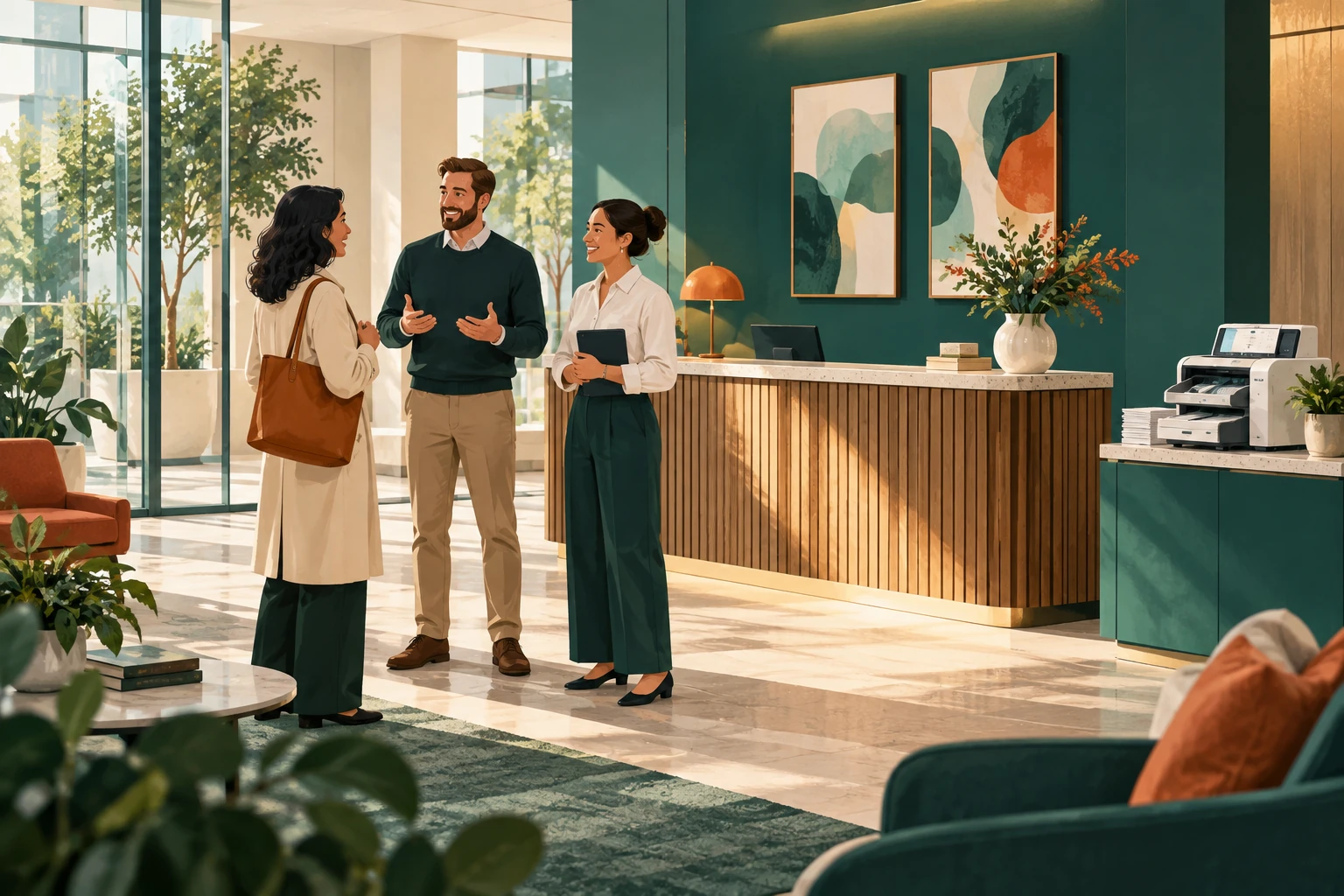 Illustration of colleagues welcoming a visitor while an automated sorter handles paperwork nearby
