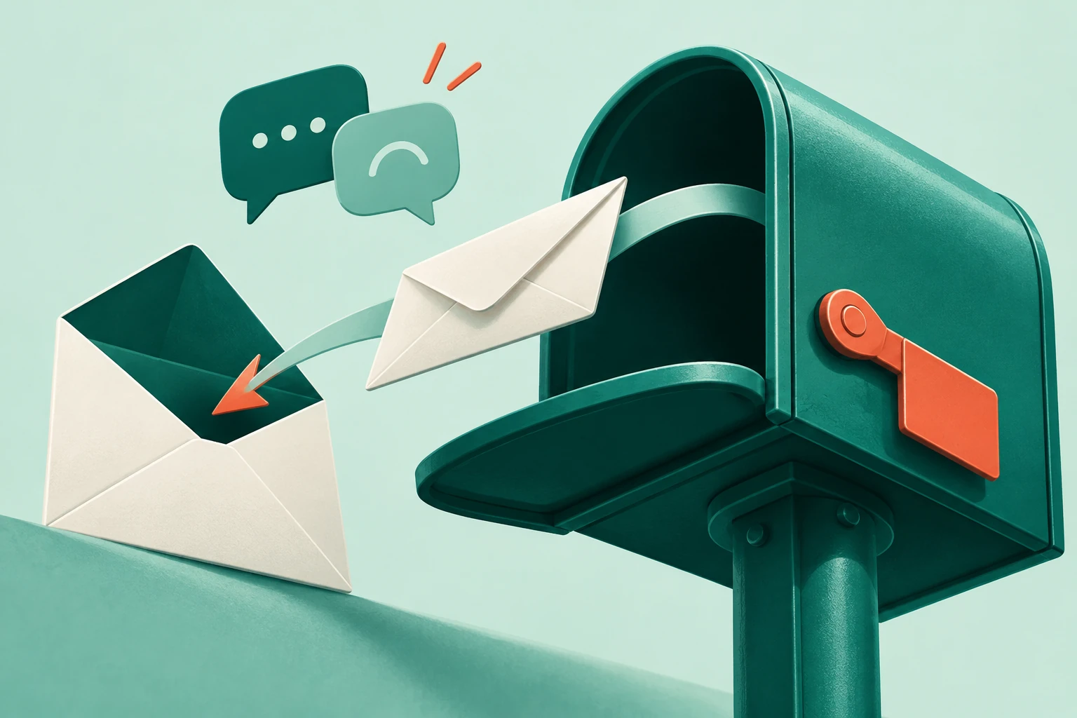 Illustration of a reply envelope returning to a teal mailbox with its reminder flag lowered