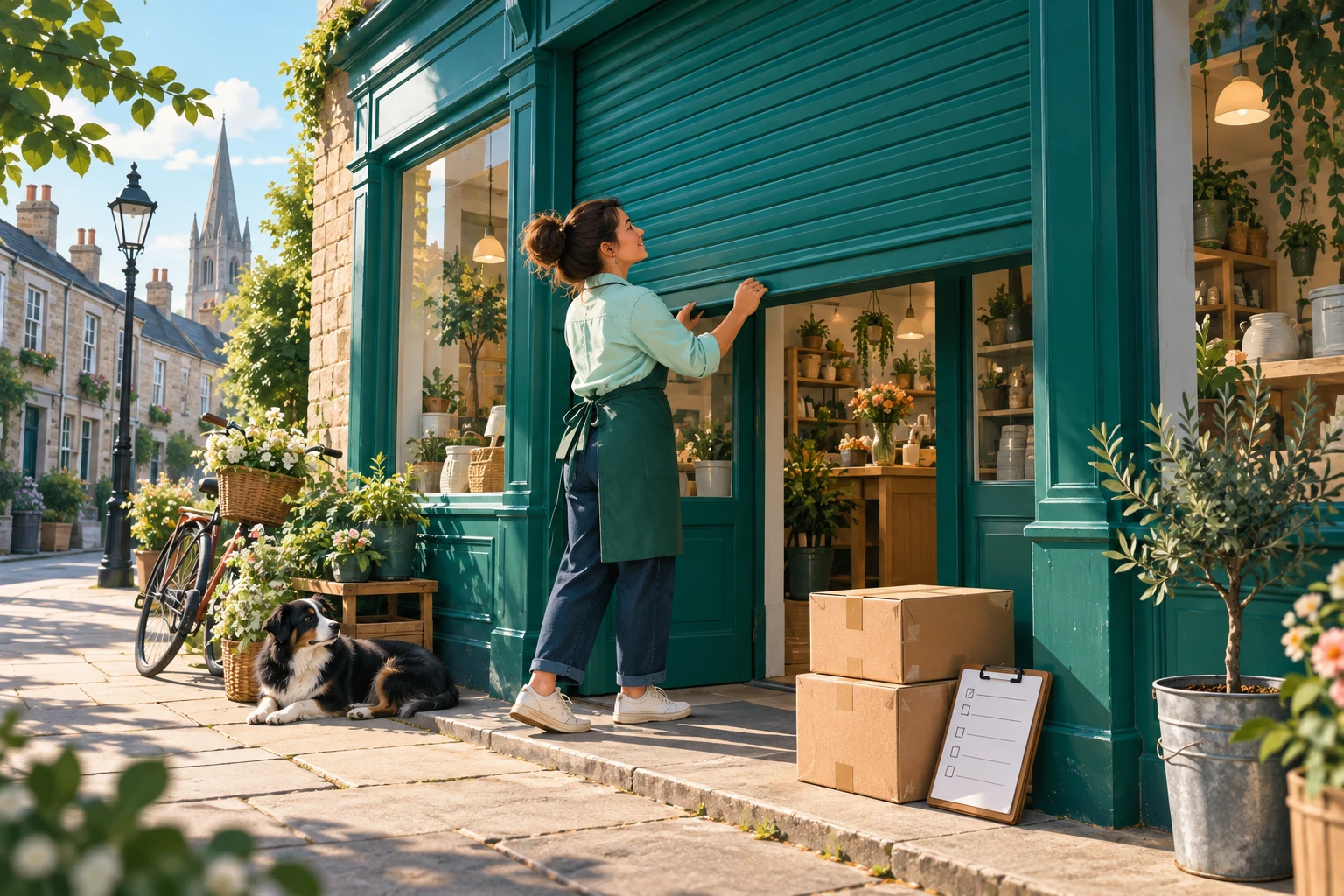 Illustration of a small-business owner opening a shopfront at the start of the working day