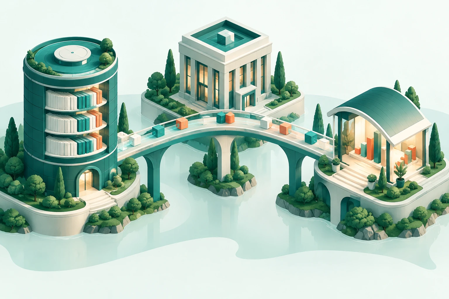 Isometric illustration of three different business systems connected by a bridge carrying data