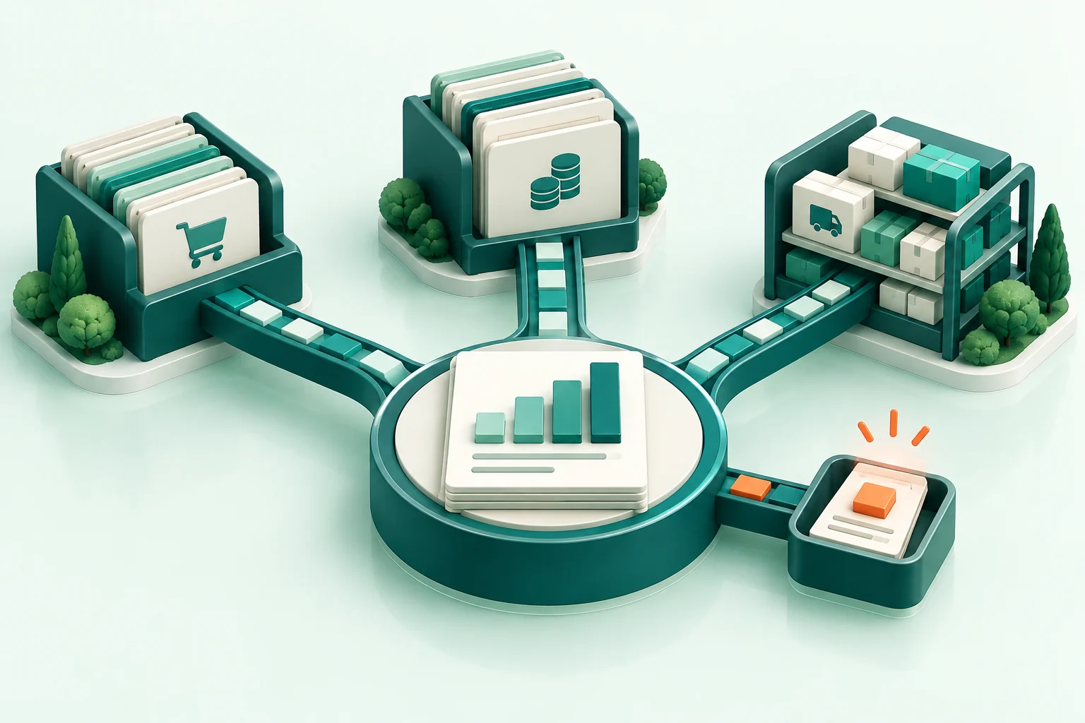 Illustration of orders, finance and operations sources joining into one reconciled reporting pack