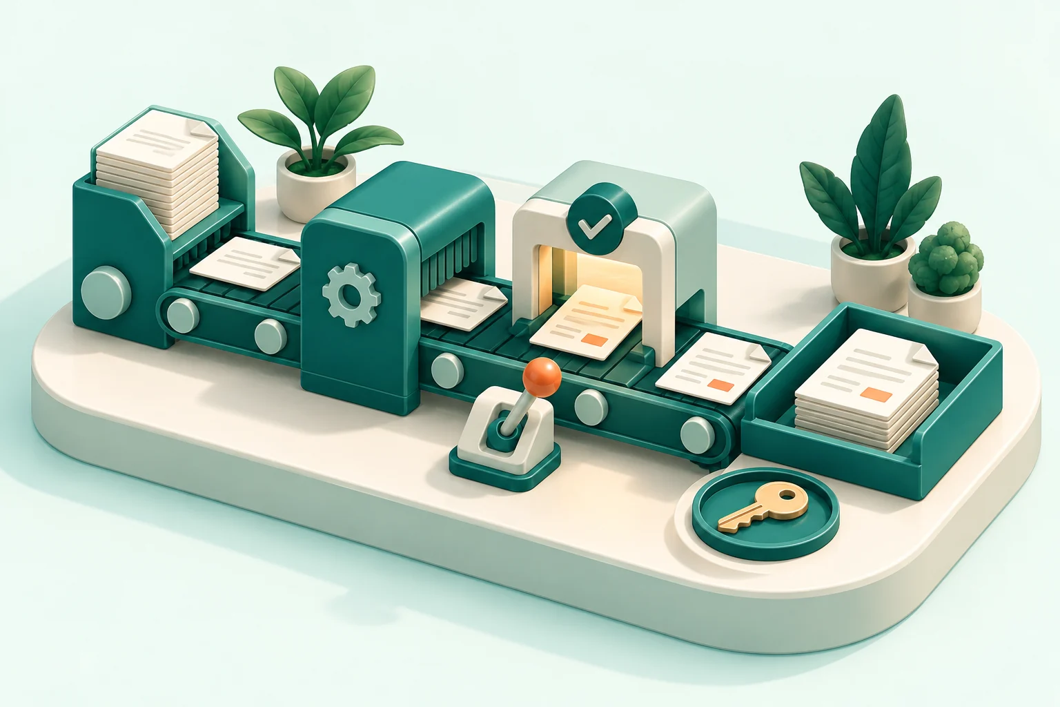 Illustration of a checked workflow station with a manual lever, handover tray and owner key
