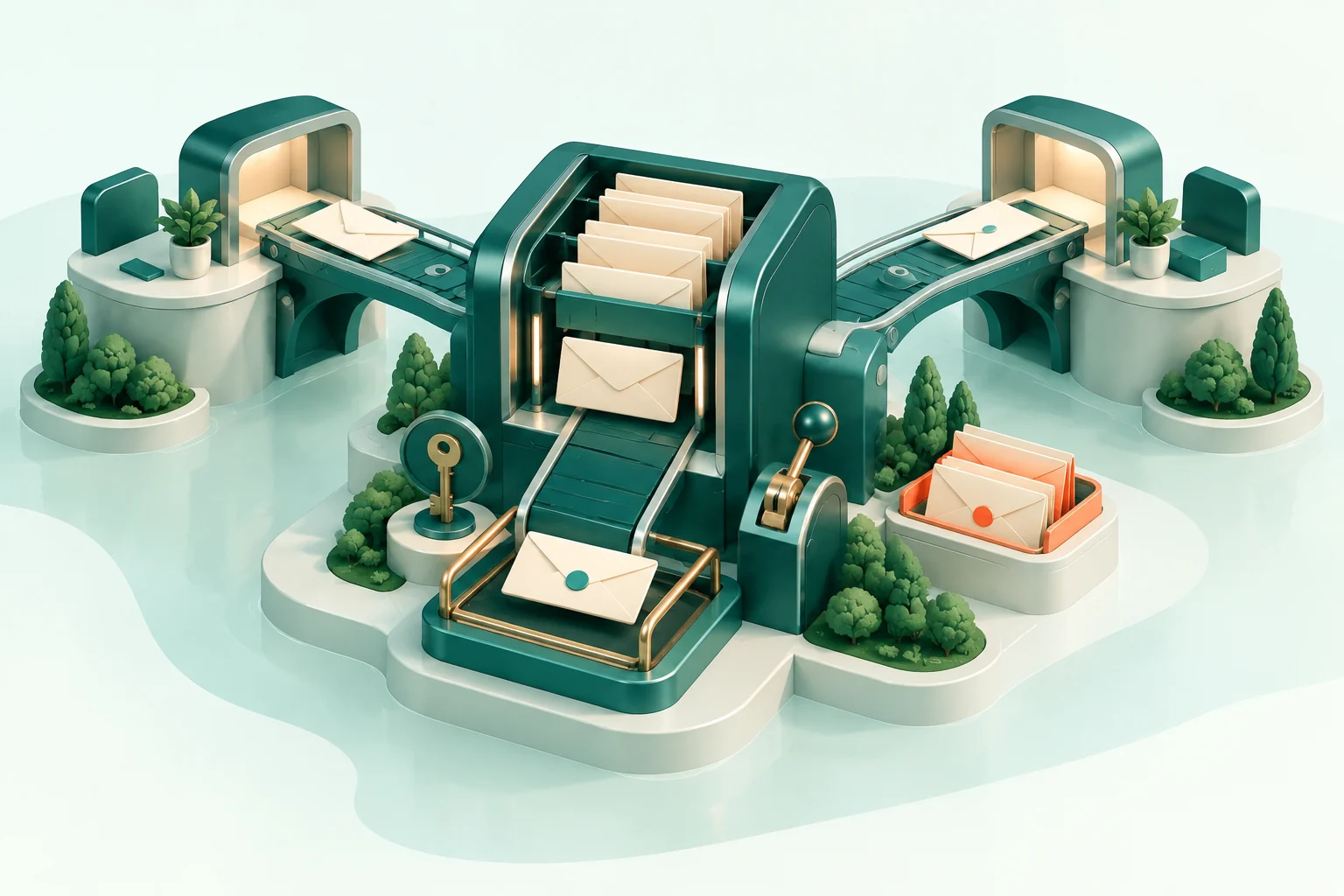 Editorial illustration of envelopes meeting at one teal sorting station, with a manual review lever and a separate side tray