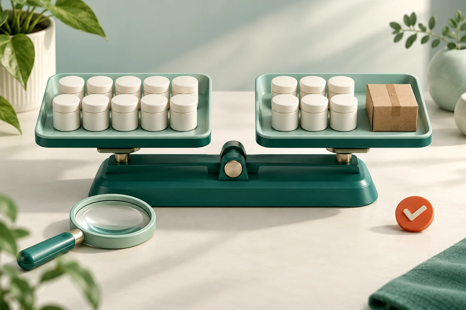 Editorial illustration of different product pack quantities and a delivery parcel on a teal comparison scale, beside a magnifying glass