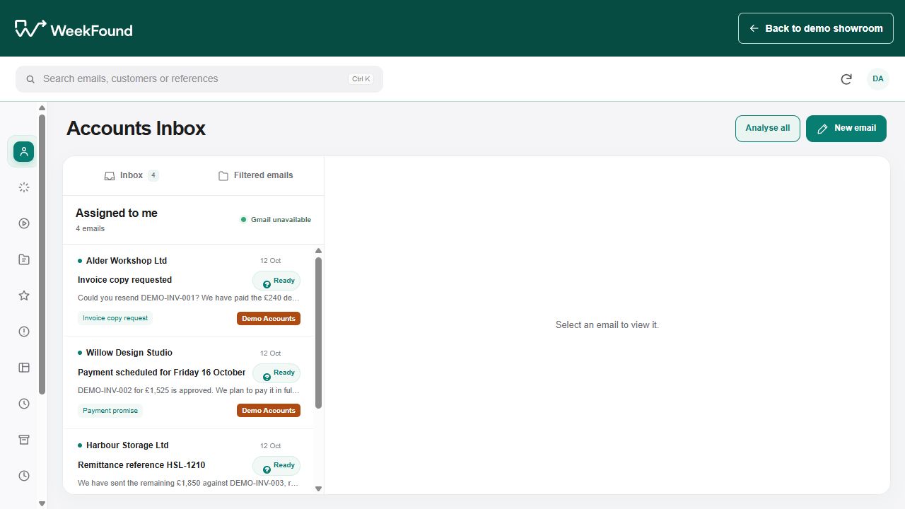Current Email management interface using fictional showroom data.