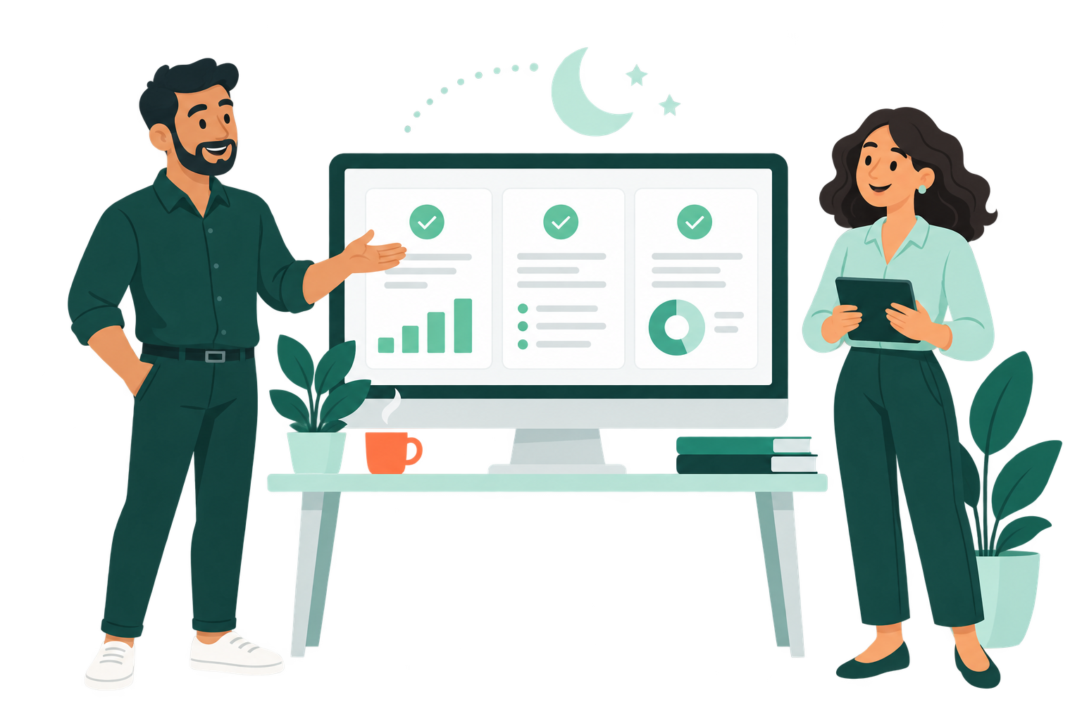 Illustration of colleagues reviewing reports prepared overnight