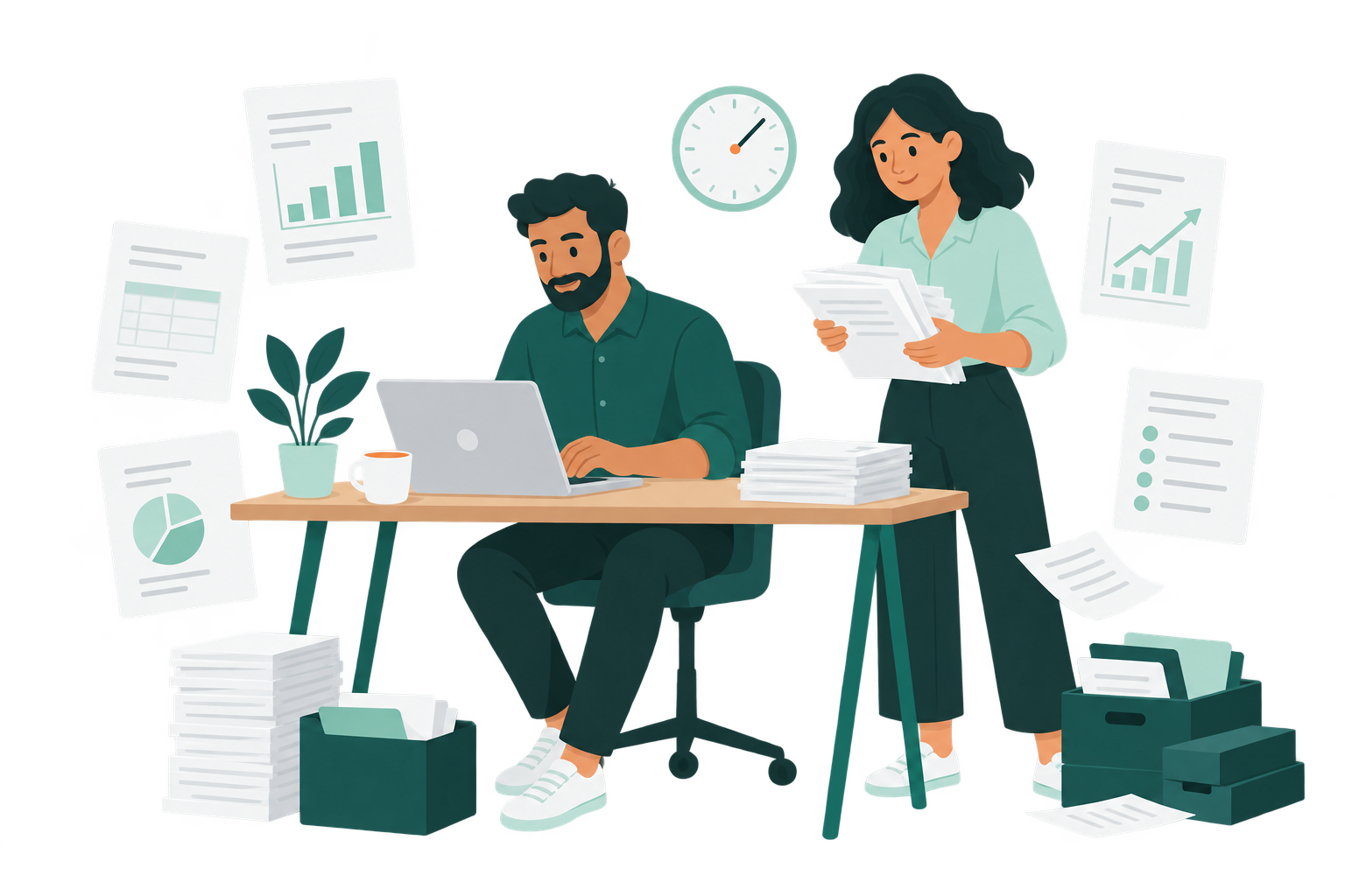Illustration of colleagues manually downloading and organising reports