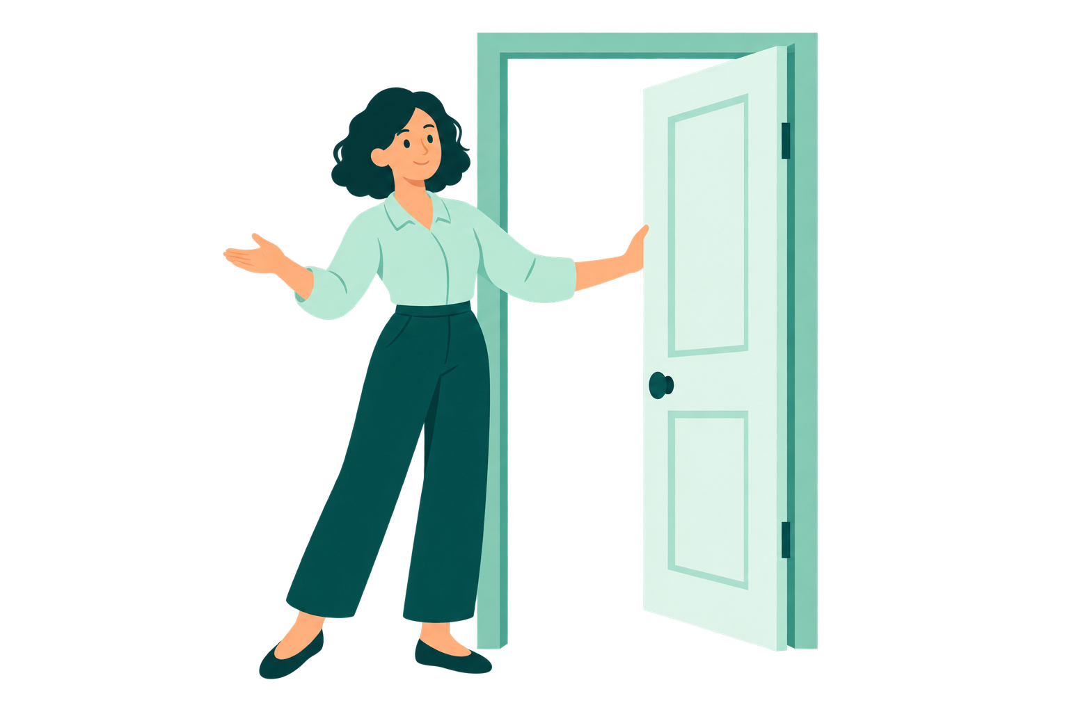 Illustration of a professional opening a door to welcome a conversation
