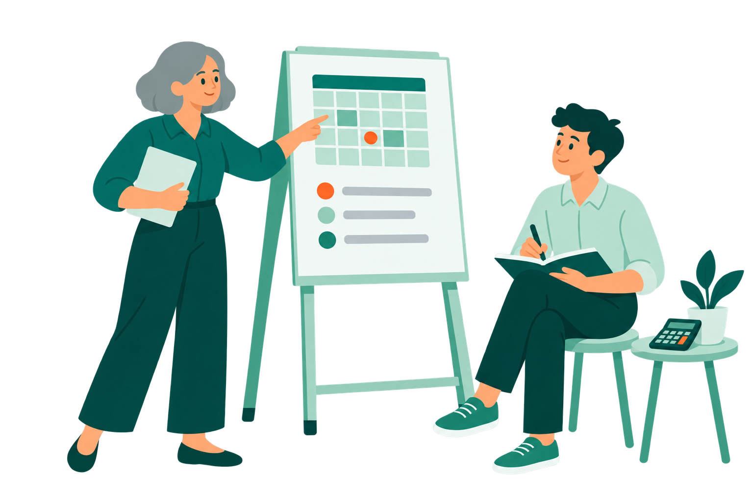 Illustration of colleagues agreeing a clear plan, scope and costs