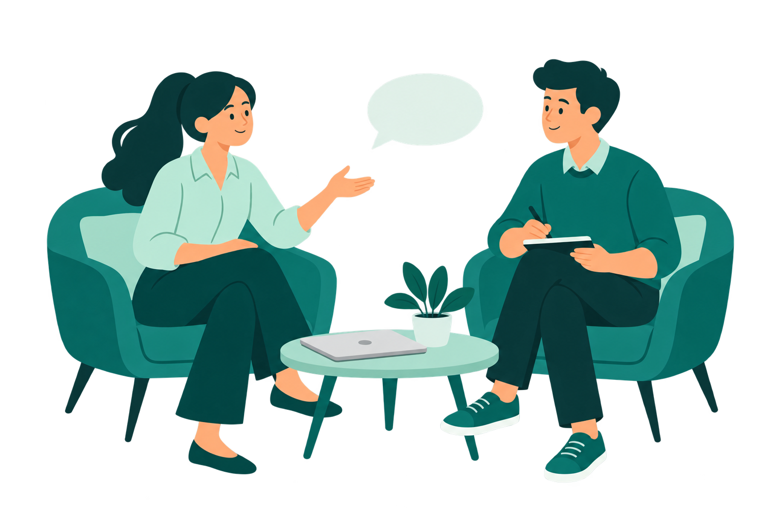Illustration of a business owner talking through a first automation with an adviser