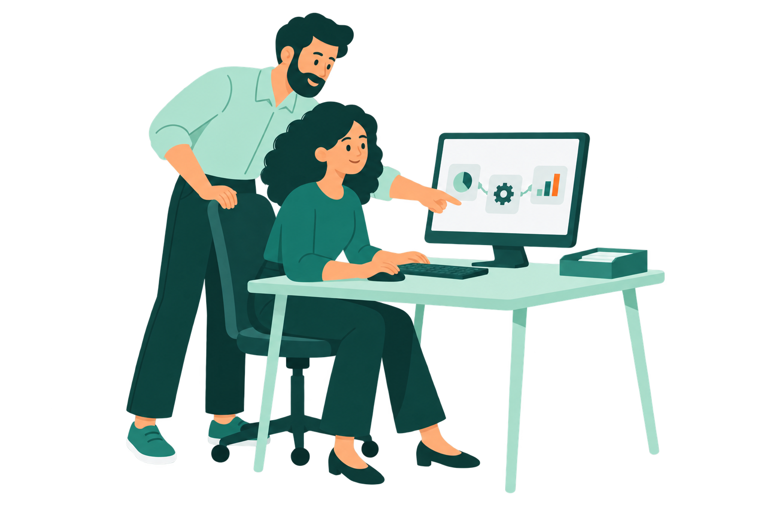 Illustration of colleagues reviewing how their existing tools connect into a workflow