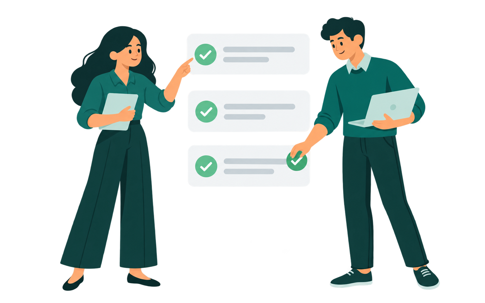 Colleagues reviewing a clear workflow with checked tasks