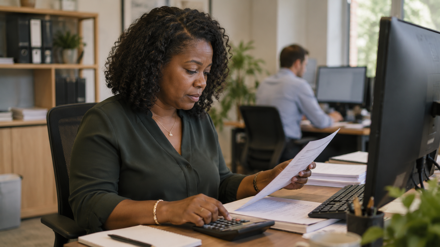 Illustrative workplace photo of a finance professional reviewing account records at her desk.