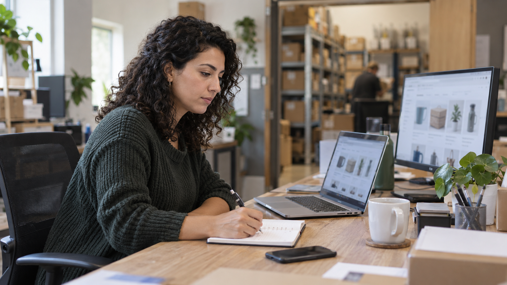 Illustrative workplace photo of a buying specialist comparing product prices and availability.