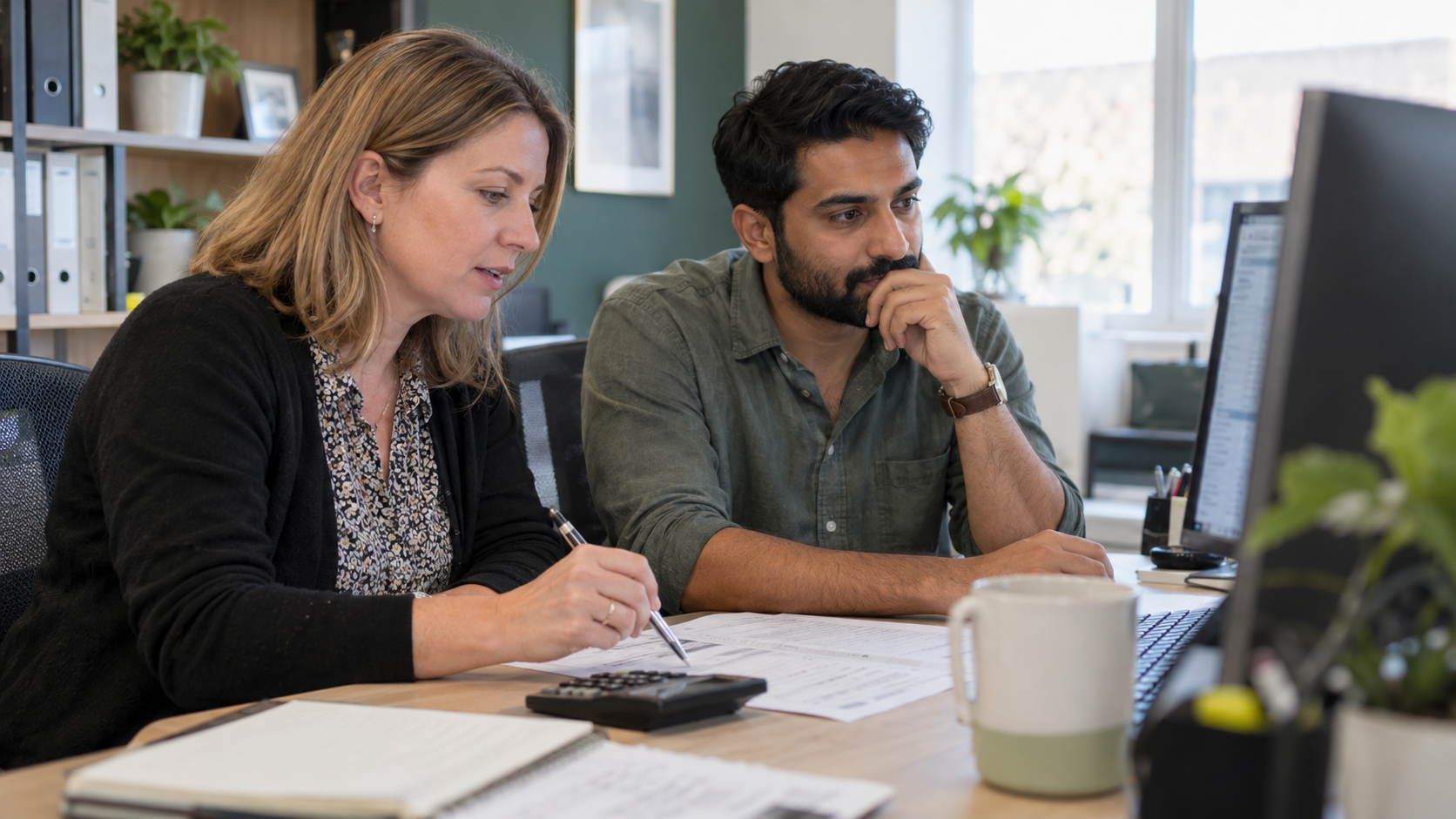 Illustrative workplace photo of colleagues analysing order costs and profitability.
