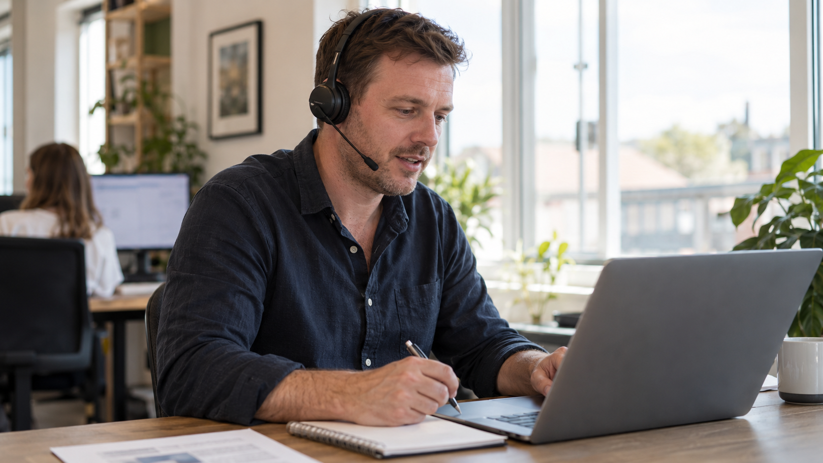 Illustrative workplace photo of a sales account manager following up a quotation with a customer.